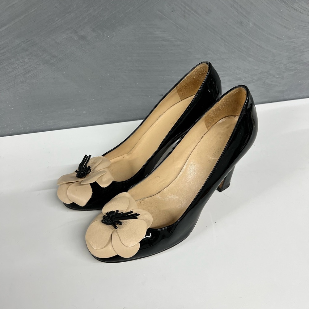 Floral Appliqué Black Block Heels